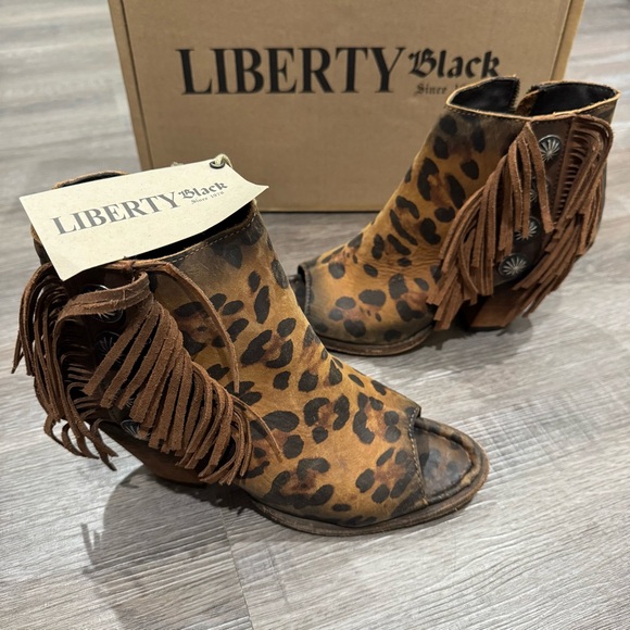 LIBERTY Black Shoes - Liberty Chita Miel Concho Fringe Peep Black Leopard Stone Washed Boots Booties